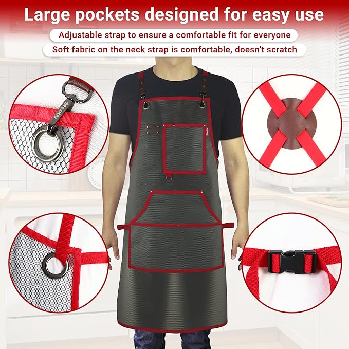 Waterproof Work Apron for Chefs, Hair Stylists, Artists, Gardeners, Adjustable, Multi-Pockets, TPU Mesh Fabric, Plus Size