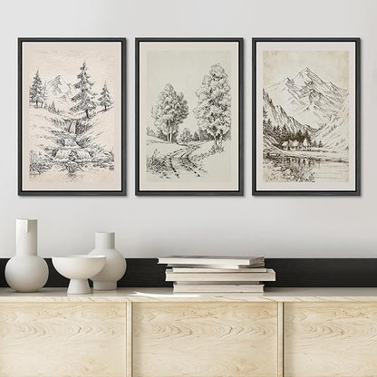 Ashbrook Framed Canvas Print Wall Art Set Vintage Country Forest Landscapes Nature Wilderness Illustrations Fine Art Floral Botanical Minimal Calm/Relax/Cozy for Bedroom - 16"x24"x3 BLACK