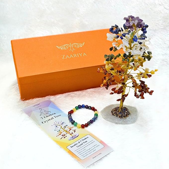 Crystal Tree with Bracelet for Home Decor, Healing, Spiritual Gifting, Room Decor, New Year & Good Luck Gifting | Made from Genuine Crystal Stones (7 Chakra) - 9 x 3 Inches