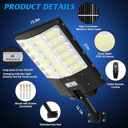 Solar Street Lights Outdoor 5000W, 500000LM Waterproof Motion Sensor Solar Powered Flood Lights with Remote Control, 8500K Dusk to Dawn Commercial Area Lighting for Outside Parking Lot, 2-Pack