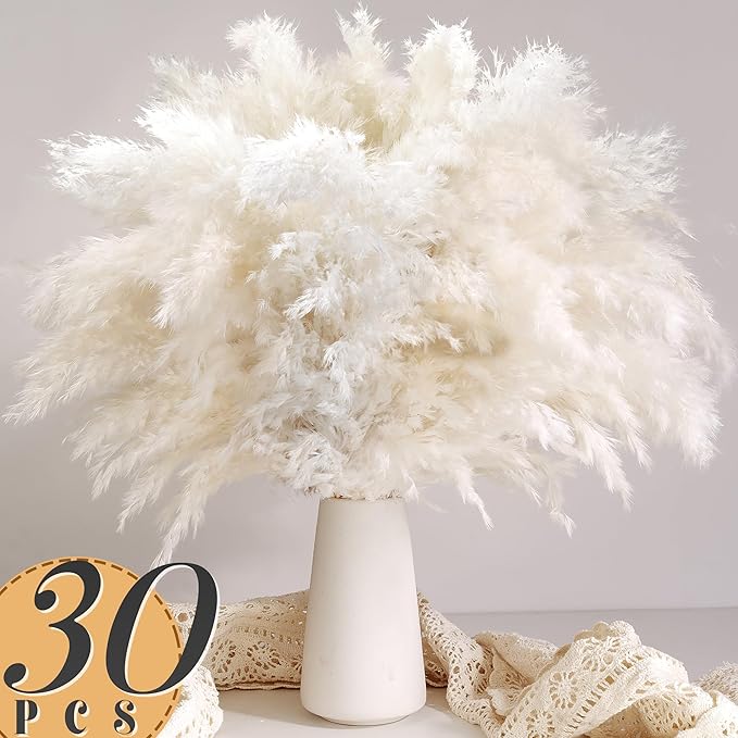 30PCS White Pampas Grass for Home Decor - Elegant Boho Decor - Premium Quality Pampas Grass Stems - Perfect for House, Nursery, Western, Wedding, Table, and Bohemian Decor