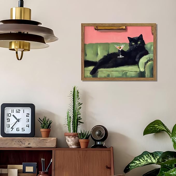 Framed Black Cat with Martini Wall Art Print, Whimsical Cute Cat Decor Paintings, Cocktail Art Bar Cart Decor, Funny Animal Canvas Pictures Aesthetic for Home Living Room Bedroom – 12x16 inch
