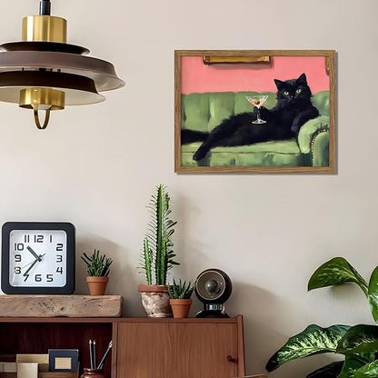 Framed Black Cat with Martini Wall Art Print, Whimsical Cute Cat Decor Paintings, Cocktail Art Bar Cart Decor, Funny Animal Canvas Pictures Aesthetic for Home Living Room Bedroom – 12x16 inch