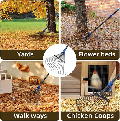 Adjustable Leaf Rake, Heavy Duty Metal Rake for Leaves, Long Handle 30"-90" with Expandable Head 8"-17", Collapsible Small Rakes for Lawns, Gardening, Yard, Camping, Shrub, Grass, Bush, Weed, Debris