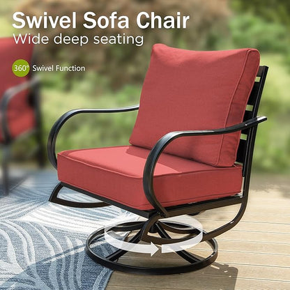 PHI VILLA 4 Piece Patio Furniture Sets for 5 Person with 1 x 3-Seat Deep Seating Bench, 2 x Cushioned Swivel Sofa Chairs & 1 x Coffee Table, Outdoor Metal Conversation Set for Lawn Garden, Red