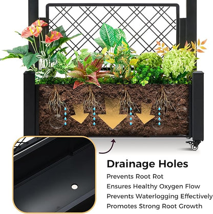 Metal Planter Box with Trellis and Wheels, 50" Hx38 Wx14 D Large Outdoor Garden Planter for Climbing Plants, Vegetables & Vines, Includes Drainage Holes and Privacy Screen, Black