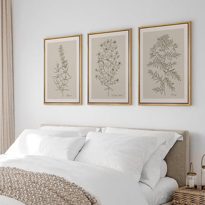 Ashbrook Framed Canvas Print Wall Art Set Duotone Vintage Flowers Nature Wilderness Illustrations Modern Art Decorative Floral Botanical Minimal Calm/Relax/Cozy for Bedroom - 24"x36"x3 NATURAL
