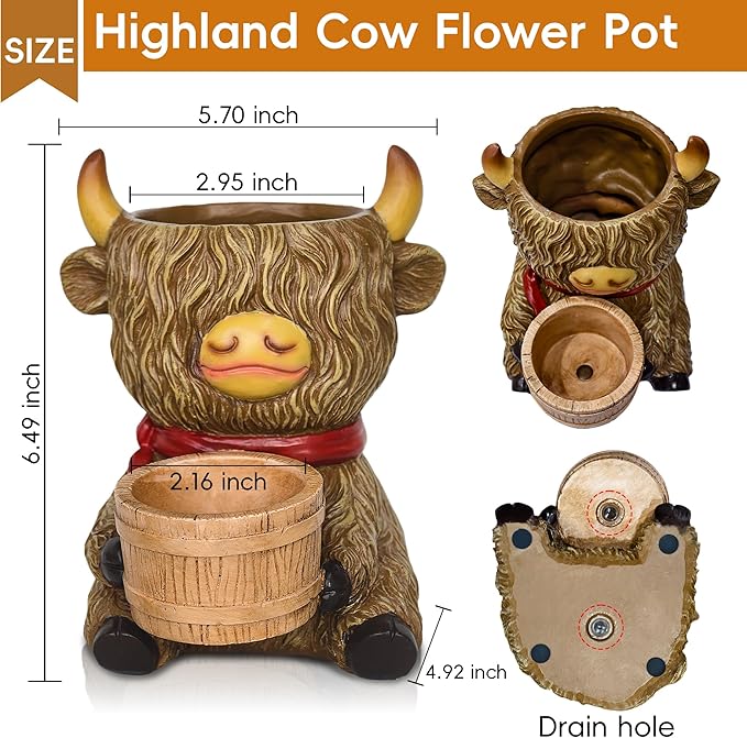 Cute Plant Pots Decor - Highland Cow Planter with Two Planters Animal Flower Pots with Drainage,Mini Succulent Pot for Home Desk Patio Decorations Outdoor Indoor Plants Pot Gifts for Plant Lovers