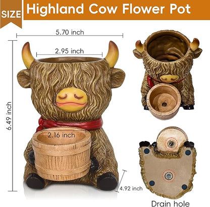 Cute Plant Pots Decor - Highland Cow Planter with Two Planters Animal Flower Pots with Drainage,Mini Succulent Pot for Home Desk Patio Decorations Outdoor Indoor Plants Pot Gifts for Plant Lovers