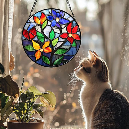 Stained Glass Window Hanging Colorful Flowers and Leaves 6.3" - Suncatcher Door Garden Sun Catcher Home Decor Birthday Christmas Mother's Day for Mom Men Woman Nana Friend
