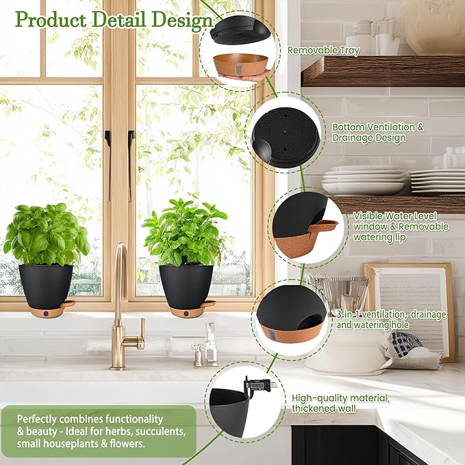 6 Inch Self Watering Pots for Indoor Plants (5-Pack) – Small Plastic Planters with Water Window, Drainage Holes & Trays, Indoor Outdoor Flower Pots for Herbs, Succulents, Home Garden Decor (Black)