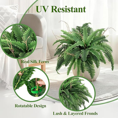 35” Artificial Boston Fern Bush Plant, 2 Faux Ferns for Outdoors Large, Fake Ferns Realistic Artificial Plants with 39 Fronds for Garden Porch Patio Home Office Living Room Decor Green