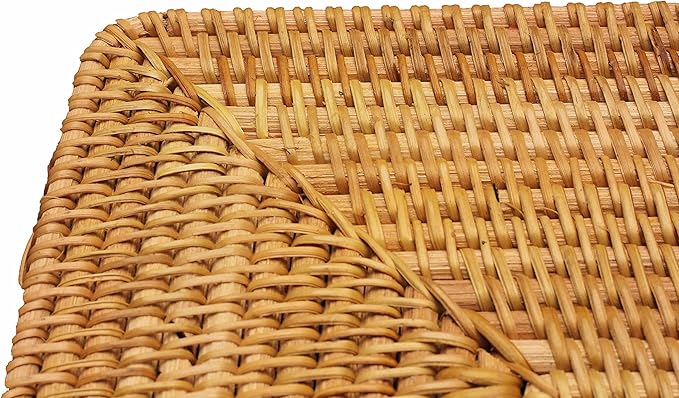 Rectangular Wicker Serving Tray | Set of 2 | Handmade Woven Rattan Storage Basket | Decorative Coffee Tabletop Tray | Boho Flat Bathroom Organizer - (L- 15.4""x2.4"" M- 13.7""x 2"")