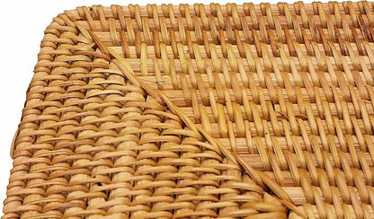 Rectangular Wicker Serving Tray | Set of 2 | Handmade Woven Rattan Storage Basket | Decorative Coffee Tabletop Tray | Boho Flat Bathroom Organizer - (L- 15.4""x2.4"" M- 13.7""x 2"")