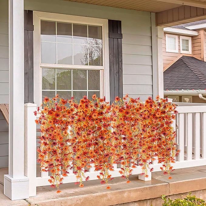 Artificial Fall Fake Flowers for Outdoor, 2 Pcs Faux Hanging Flowers Outdoor Fall Decor, UV Resistant No Fade Fake Mums Silk Flower for Front Door Porch Planters Patio Yard Garden(Orange Autumn Red)