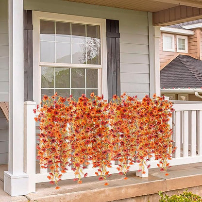Artificial Fall Fake Flowers for Outdoor, 2 Pcs Faux Hanging Flowers Outdoor Fall Decor, UV Resistant No Fade Fake Mums Silk Flower for Front Door Porch Planters Patio Yard Garden(Orange Autumn Red)