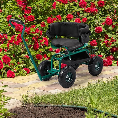 Outvita Rolling Garden Seat with Wheels, Gardening Stool with Height Adjustable 360 Degree Swivel Seat, Ergonomic Backrest, Tool Tray & Storage Basket, Outdoor Gardening Scooter Cart for Patio, Green
