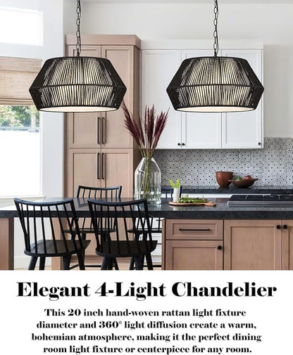 ELYONA 20" Modern Chandeliers for Dining Room, 4-Lights Large Rattan Chandelier Light Fixture with Fabric Shade Adjustable Boho Woven Hanging Pendant Light for Kitchen Island Living Room Bedroom Black