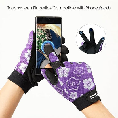 COOLJOB Medium Gardening Work Gloves for Women Ladies, Thorn Proof for Rose Pruning, Cactus Handling, Blackberry Bush Planting, Puncture Resistant Anti-Slip Flexible, 1 Pair M Floral Purple