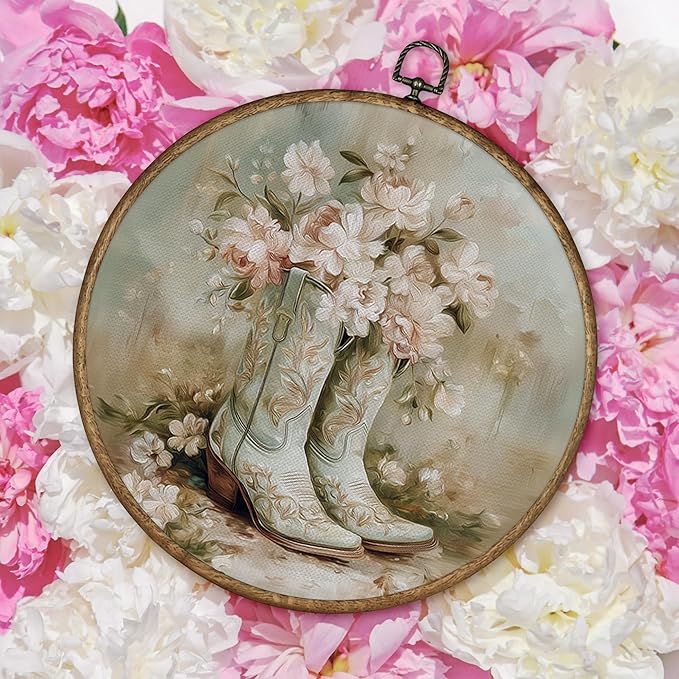TLESKE Western Cowgirl Floral Round Wall Art Decor Framed 10x10, Preppy Cowgirl Boot Canvas Wall Art Prints Artwork, Flower Cowboy Hanging Wall Picture Room Door Decor for Bedroom Living Room