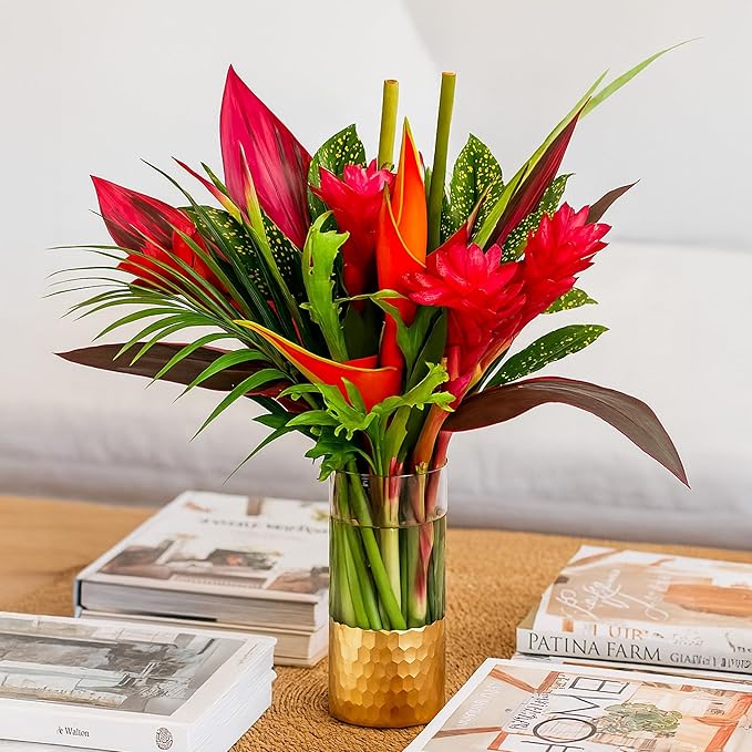 BloomsyBox: Tropical Bouquet Treasure with Bright Heliconias, Red Ginger and Tropical Greener | Fresh Cut Flowers, Hand-Tied, Farm Fresh Flowers Bouquet | Perfect for any special occasion | No Vase