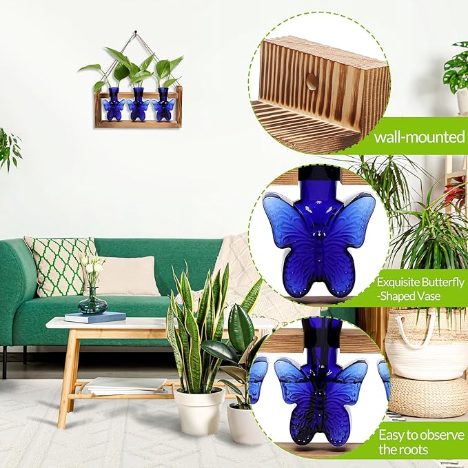 Glass Plant Propagation Station Butterfly Planter Vase with Wooden Stand Birthday Gifts for Women Mom Plant Lovers Office Home Decoration
