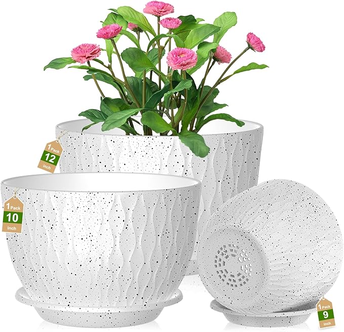 Plant Pots, Flower Pots with Multi Mesh Drainage Holes and Saucer, Large Planters for Indoor Outdoor Garden Plants and Flowers (Speckled White, 12"+10"+9")