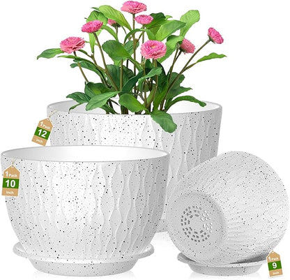 Plant Pots, Flower Pots with Multi Mesh Drainage Holes and Saucer, Large Planters for Indoor Outdoor Garden Plants and Flowers (Speckled White, 12"+10"+9")