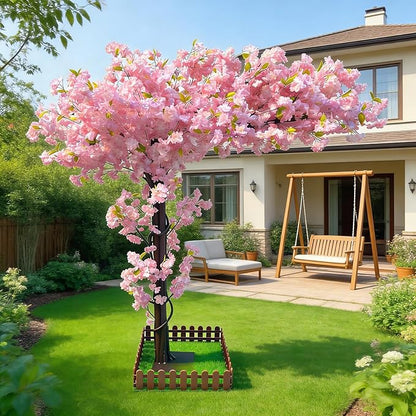 Artificial Cherry Blossom Tree 6.6Ft, Pink Silk Flowers with Solid Wood Trunk for Home & Garden Decor