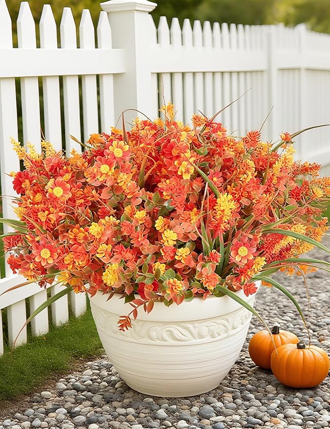 16 Bundles Artificial Flowers for Fall Outdoors Decoration - Fake Mums Faux Daisy Artificial Plants Plastic Lavender Shrubs Flower No Fade for Harvest Halloween Thanks Giving Day Decor