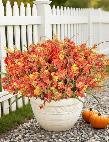 16 Bundles Artificial Flowers for Fall Outdoors Decoration - Fake Mums Faux Daisy Artificial Plants Plastic Lavender Shrubs Flower No Fade for Harvest Halloween Thanks Giving Day Decor