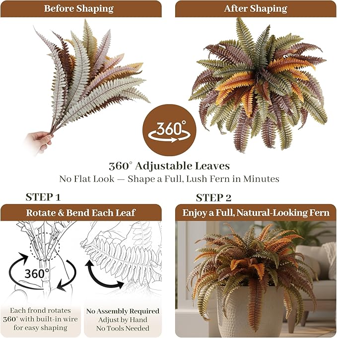 KOL 2-Pack 45in Artificial Boston Ferns, Autumn Faux Fern Bushes with Bendable Stems for Hanging or Floor Display, Living Room Wedding Indoor Outdoor Decor