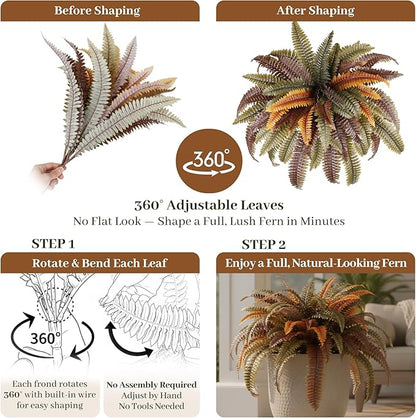 KOL 2-Pack 45in Artificial Boston Ferns, Autumn Faux Fern Bushes with Bendable Stems for Hanging or Floor Display, Living Room Wedding Indoor Outdoor Decor