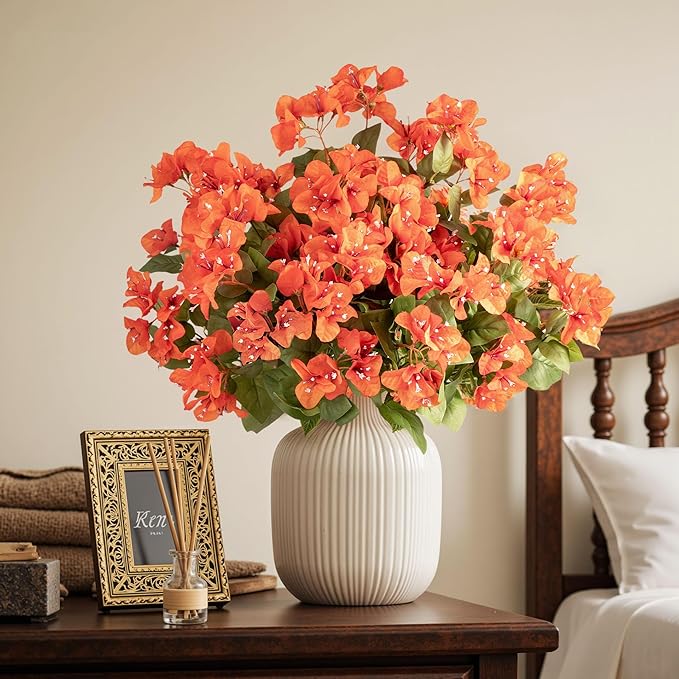 Bougainvillea Artificial Flowers Faux Bougainvillea Outdoor Fake Bougainvillea Artificial Plants Faux Flowers with Stems Silk Flowers for Wedding Porch Living Garden Decor Without Vase (4PCS,Orange )