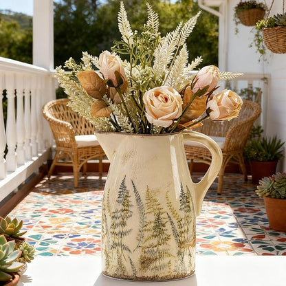 Vintage Ceramic Pitcher Vase with Handle, Farmhouse Green and Purple Large Floral Vases, French Country Decorative Vase, Rustic Table Centerpiece for Home Decor, Bookshelf, Office 7.3 Inch