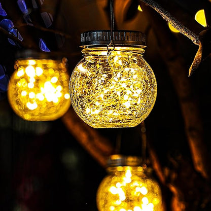 Cooo 2 Pack Crackle Glass Solar Lantern with 30 LED Firefly Lights– Waterproof Outdoor Hanging Lamp 215% Larger Solar Panel, Anti-Rust Lids Decorative Lighting for Garden Patio Christmas Decorations