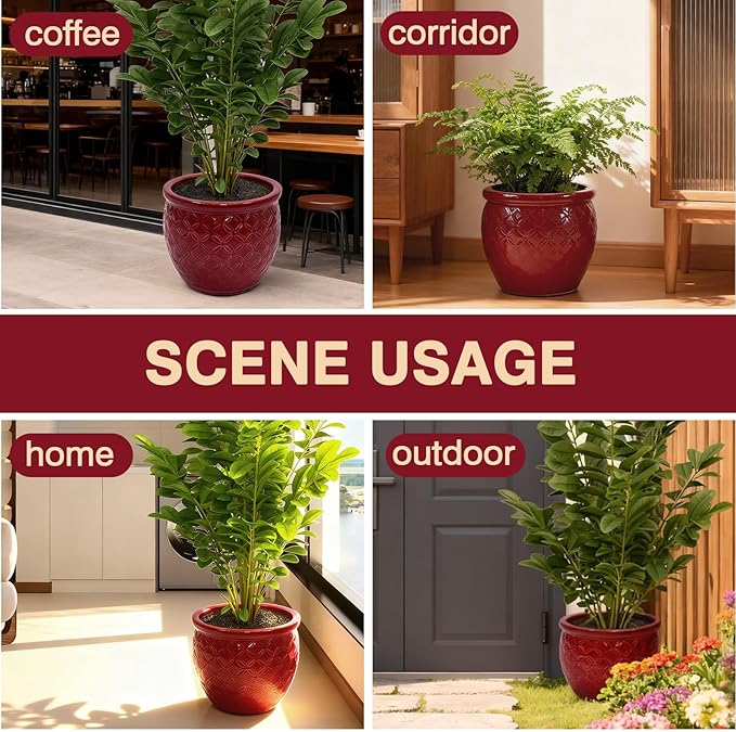 Tiered 3-Piece Ceramic Planter Set (9, 12, 15 Inch) with Drainage Holes & Saucers for Indoor Outdoor Plants, Modern Garden Pots for Succulents, Herbs, Flowers on Patio, Balcony, Windowsill - Red (Red)