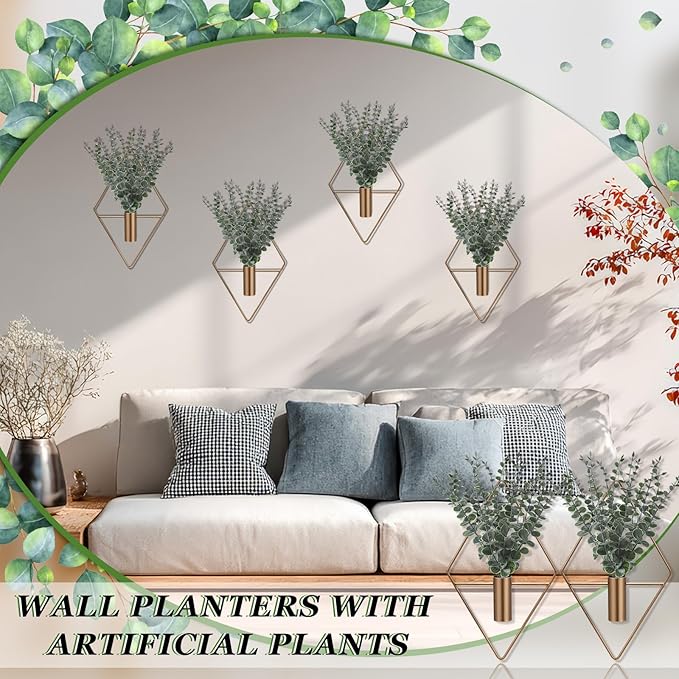 Jexine Hanging Planters with Artificial Eucalyptus Metal Hanging Vase Indoor Plants Holder Modern Geometric Boho Bathroom Wall Decor for Living Room Home Office (Bronze,8 Pcs)