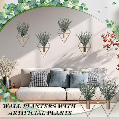 Jexine Hanging Planters with Artificial Eucalyptus Metal Hanging Vase Indoor Plants Holder Modern Geometric Boho Bathroom Wall Decor for Living Room Home Office (Bronze,8 Pcs)