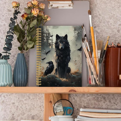 XPH Gothic Wolf Raven Spiral Notebook, Wolf Gifts, Crow Gifts Journaling Notebooks for Women, Dark Moody Wild Animal Hardcover Journals for Writing 160 Pages 5.5 x 8.3 Inch, Gothic Office Supplies
