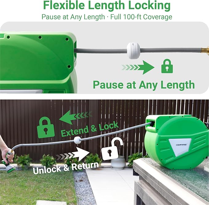Retractable Garden Hose Reel, 5/8 in x 100 ft, Wall Mount Hose Reel, with 180° Swivel Bracket, Automatic Slow Return System, Any Length Lock for Outside