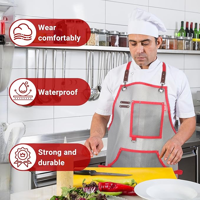 Waterproof Work Apron for Chefs, Hair Stylists, Artists, Gardeners, Adjustable, Multi-Pockets, TPU Mesh Fabric, Plus Size