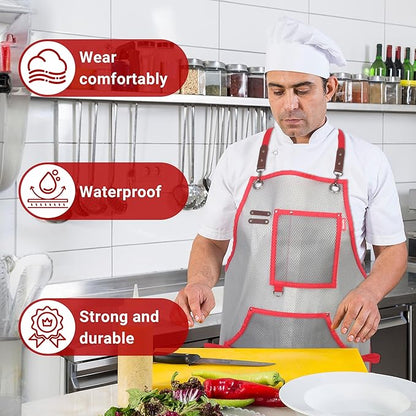 Waterproof Work Apron for Chefs, Hair Stylists, Artists, Gardeners, Adjustable, Multi-Pockets, TPU Mesh Fabric, Plus Size