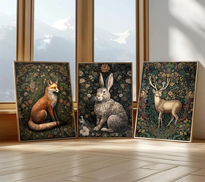 3Pcs Forest Animal Wall Art Fox Rabbit Deer Painting Pictures Wall Decor Wildlife Animal Posters Prints Dark Gothic Botanical Floral Artwork for Office Bedroom Home Decoration 16x24in