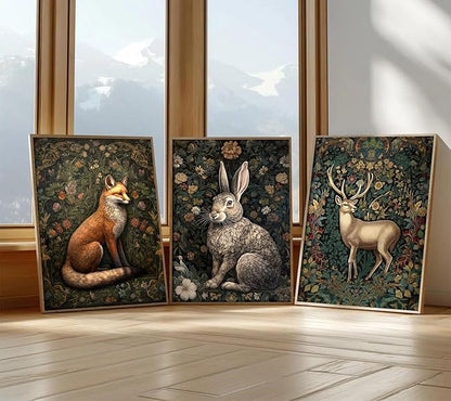 3Pcs Forest Animal Wall Art Fox Rabbit Deer Painting Pictures Wall Decor Wildlife Animal Posters Prints Dark Gothic Botanical Floral Artwork for Office Bedroom Home Decoration 16x24in
