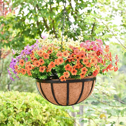 4 Pack 14 Inch Hanging Planters for Outdoor Plants Metal Hanging Planter Basket with Coco Coir Liner Round Plant Black Flat Iron Metal Flower Pots for Deck Patio Porch Garden Balcony