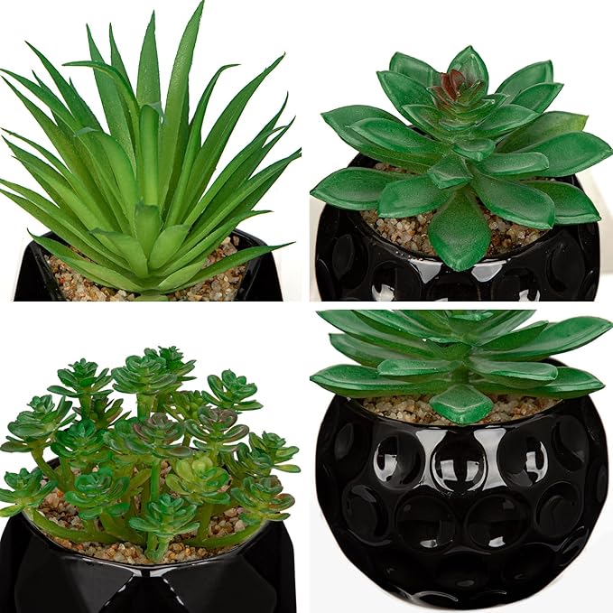 Briful Artificial Succulents Plants in Ceramic Pots, 3 Pack Faux Succulent Set with Black Geometric Planters – Modern Desk Decor for Home Office Shelf Bathroom, Small Fake Plants Potted