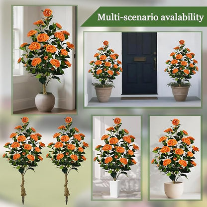 Artificial Camellia Tree with Spike, 36” Tall Faux Artificial Plants Outdoor Flower Tree with Orange Blooming Camellia Flower, Fake Flower Tree for Home, Garden Decor(Orange)