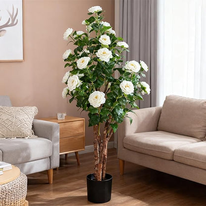 5ft Decorative Artificial Camellia Tree with White Flowers, Potted Faux Floral Plant, Realistic Blooming Fake Plants for Indoor Outdoor Home Front Door Planter Decor