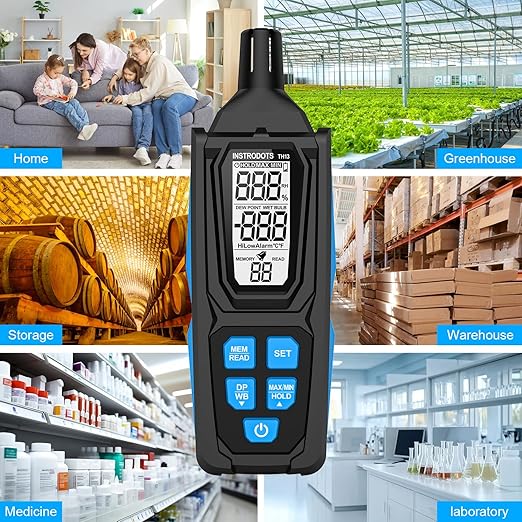 Temperature Humidity Meter, High Precision Digital Psychrometer Hygrometer with Dew Point, Wet Bulb Thermometer for Indoor Outdoor, 99 Data Storage, Temp Alarm, Backlight, MAX/MIN, Auto Shutdown